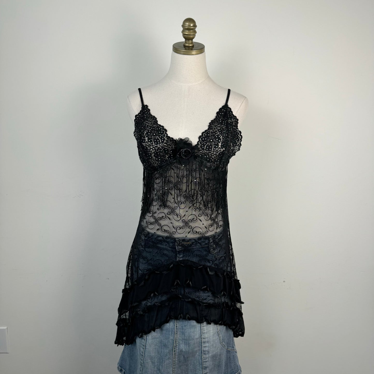 Black Lace Mesh Babydoll Slip Dress