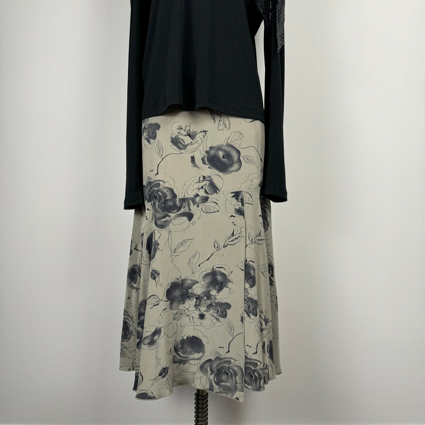 Floral Print Mesh Overlay Silk Midi Skirt