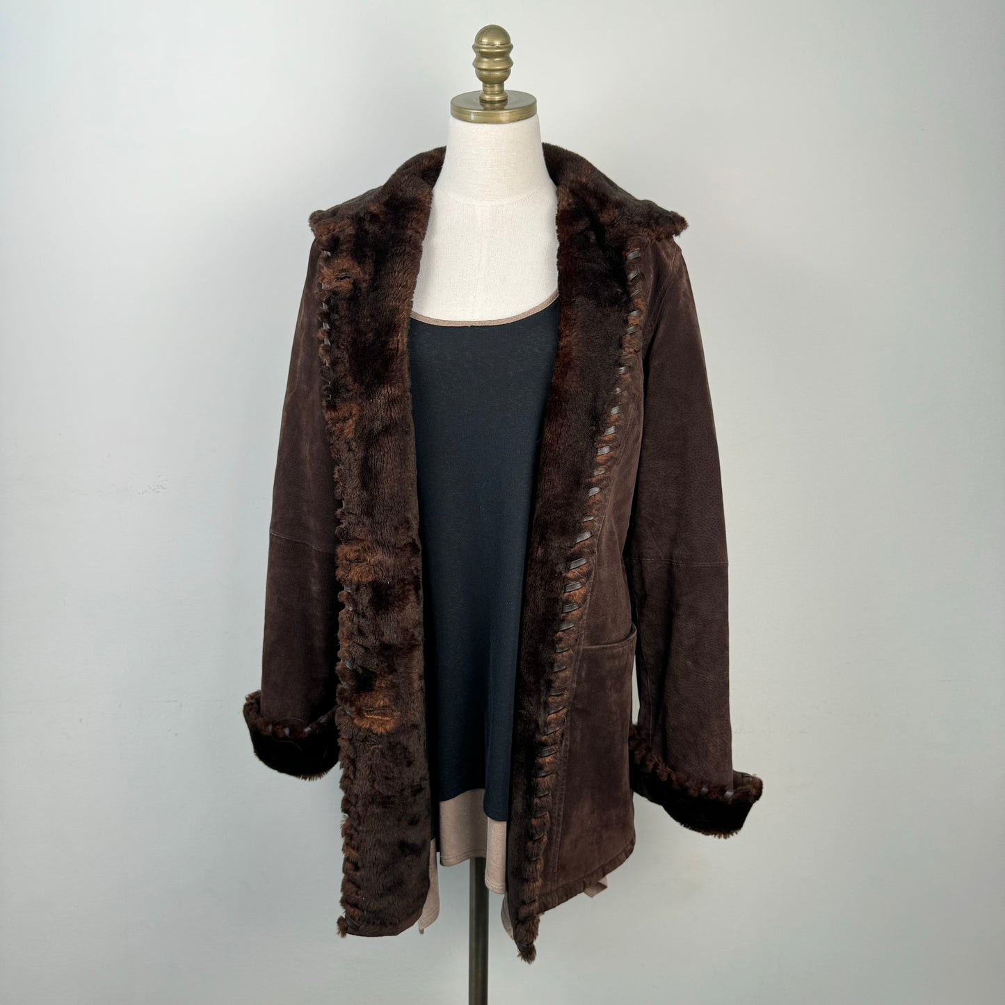 Vintage Brown Genuine Suede Leather Fur Trim Coat