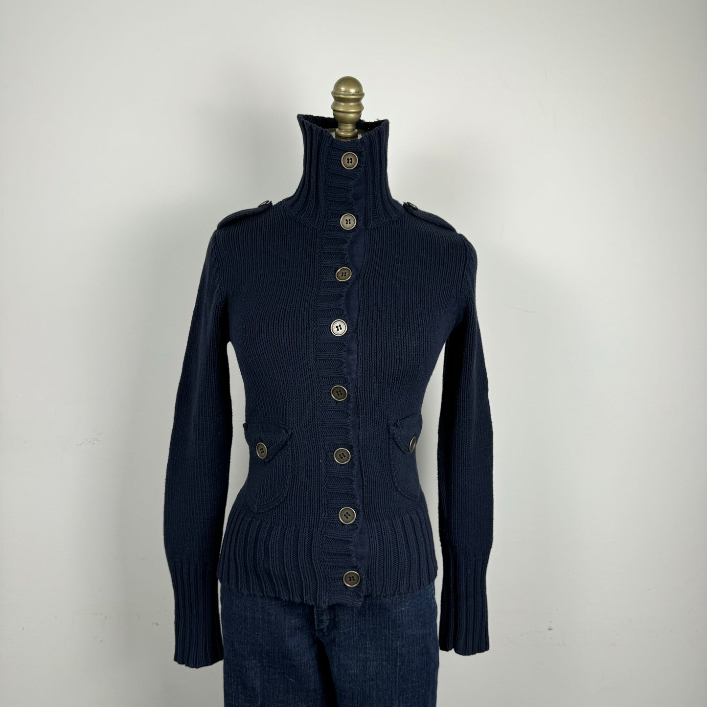 Navy Button Up Fitted Sweater