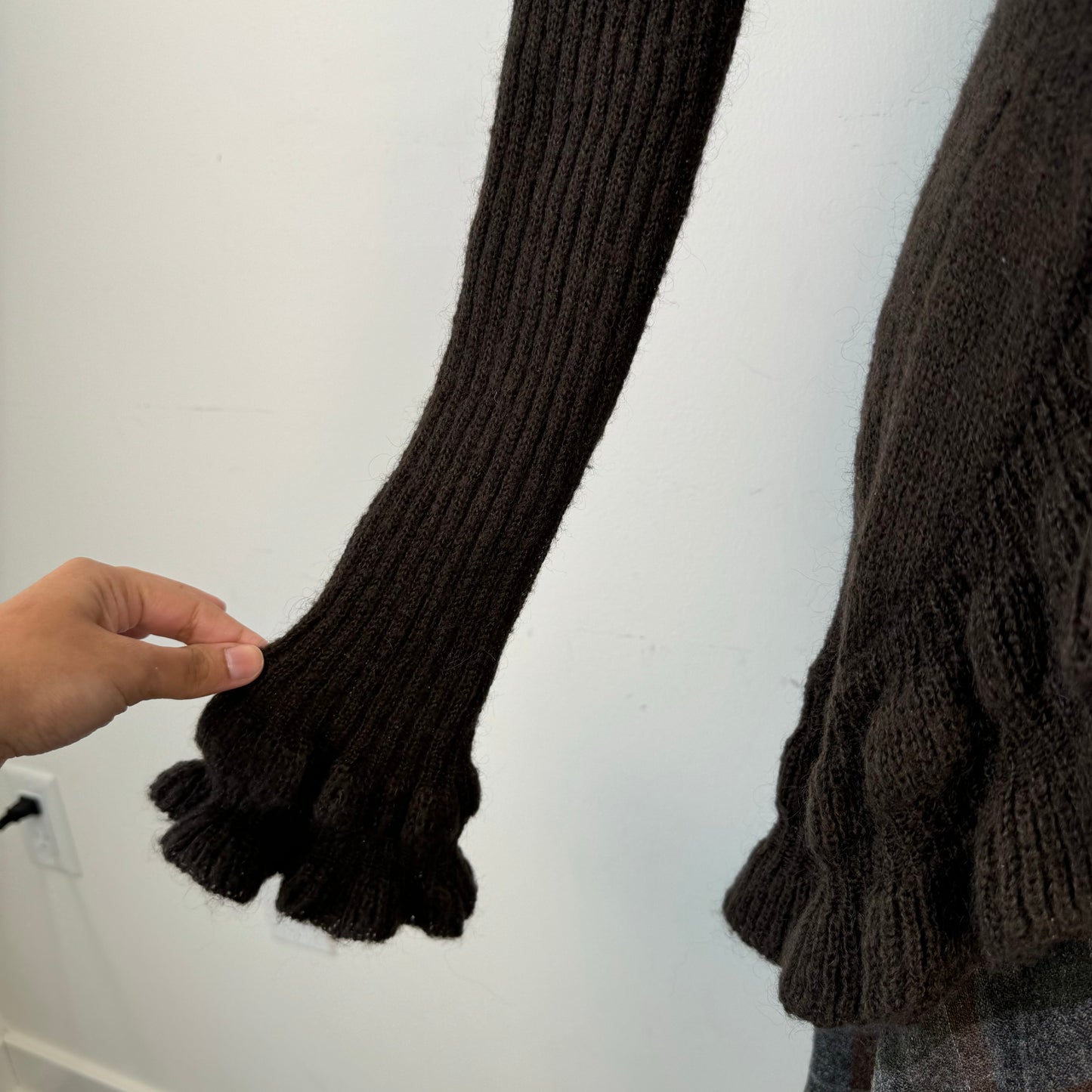 Brown Ruffled Open Front Tie Up Cardigan