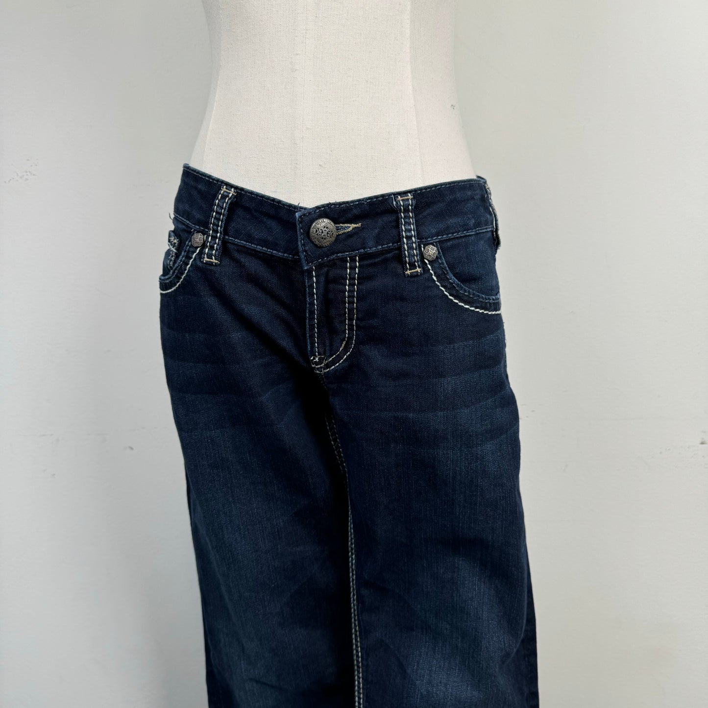 Silver Low Rise Dark Wash Straight Cut Jeans