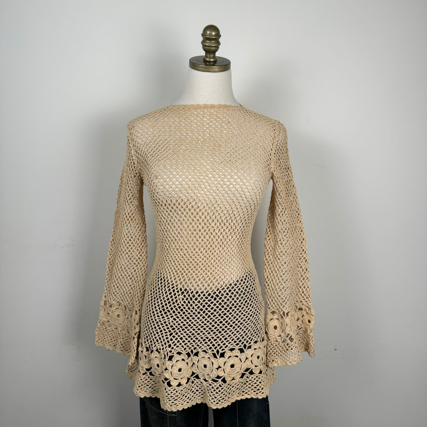 Open Knit Crochet Bell Sleeve Long Top