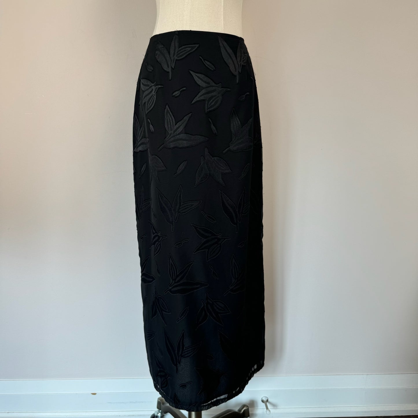 Vintage Leaf Print Mesh Overlay Maxi Skirt
