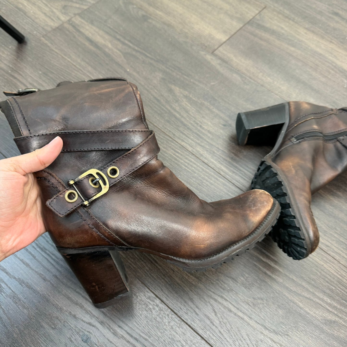 Spring Brown Knee High Buckled Boot Heels (US 6.5-7)