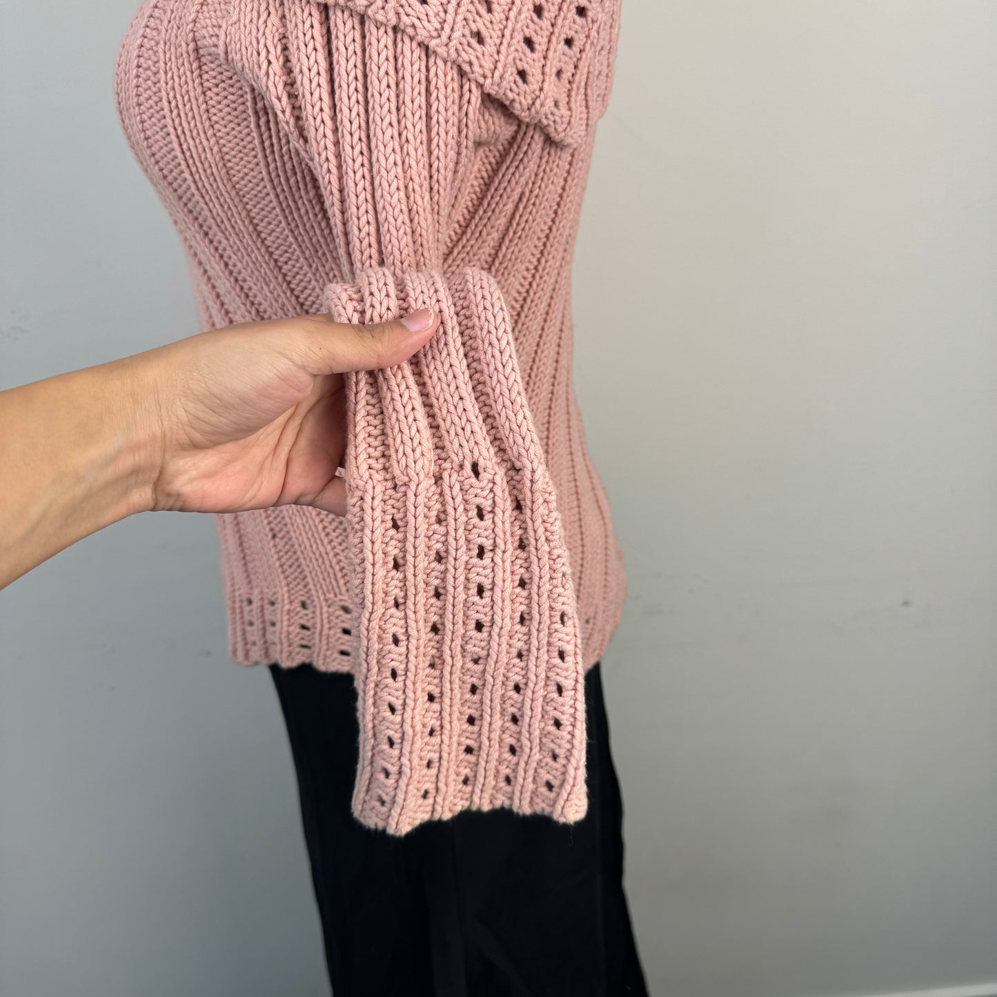 Powder Pink Fold Over Bell Sleeve Knit Sweater