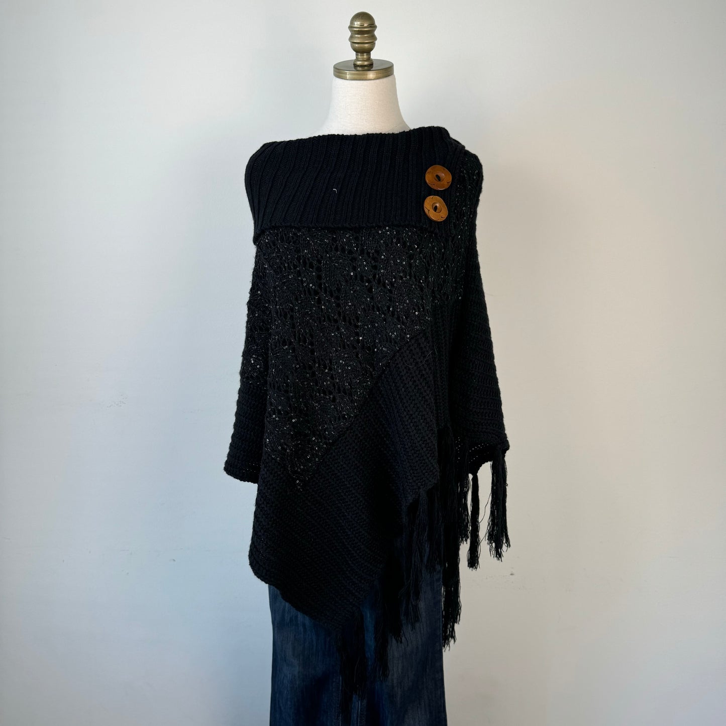 Black Knit Poncho with Brown Buttons