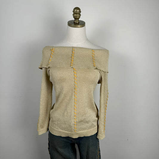 Gold-Beige Off Shoulder Lace Up Sweater