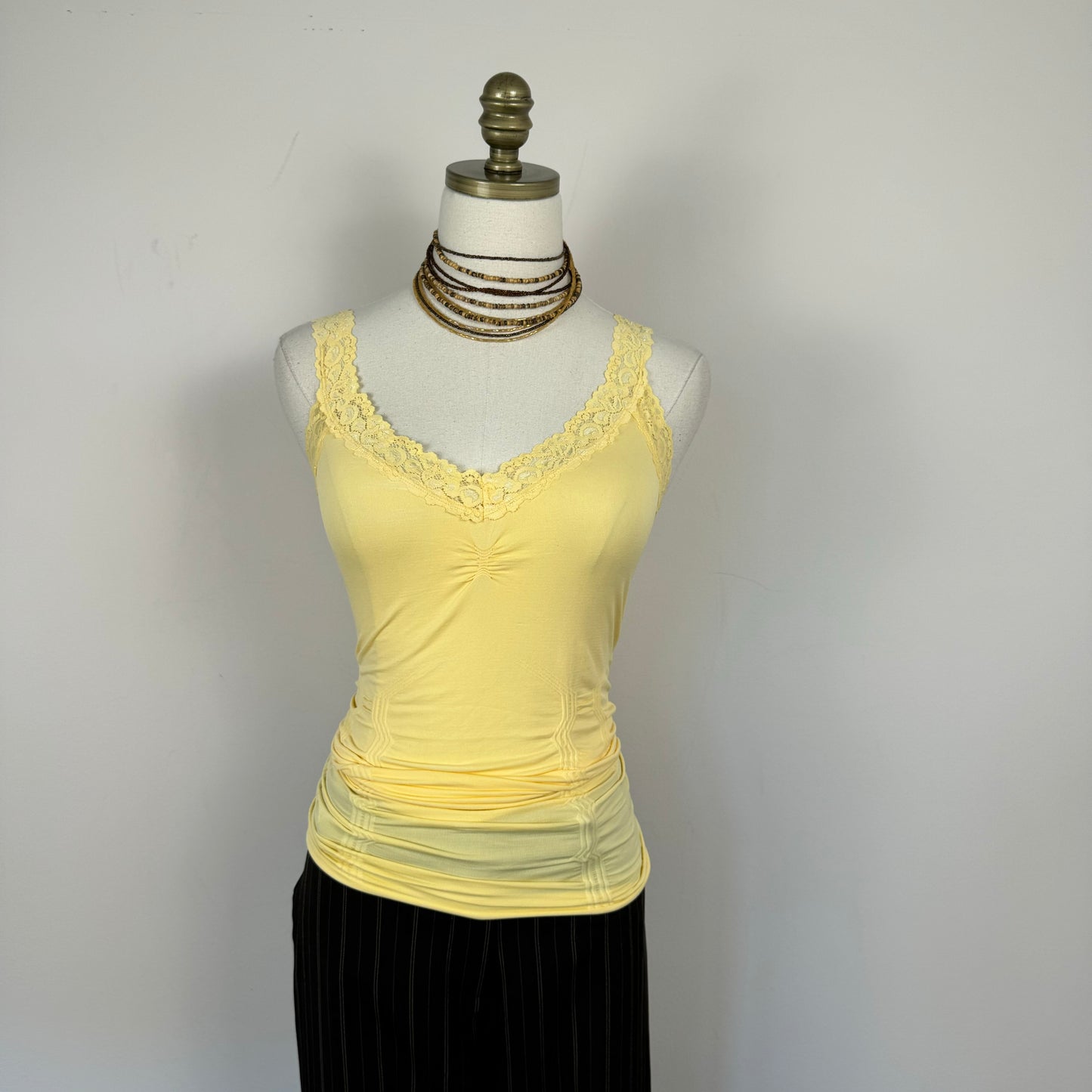 Yellow Lace Trim Ruched Cami