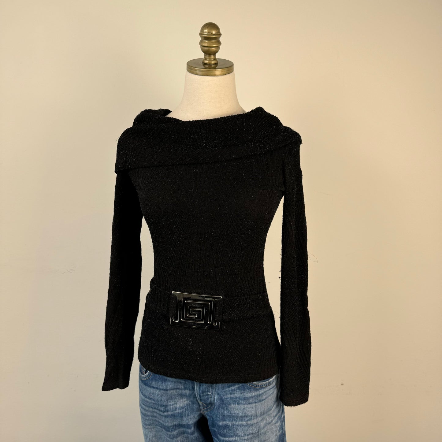 Black Off Shoulder Buckled Sweater