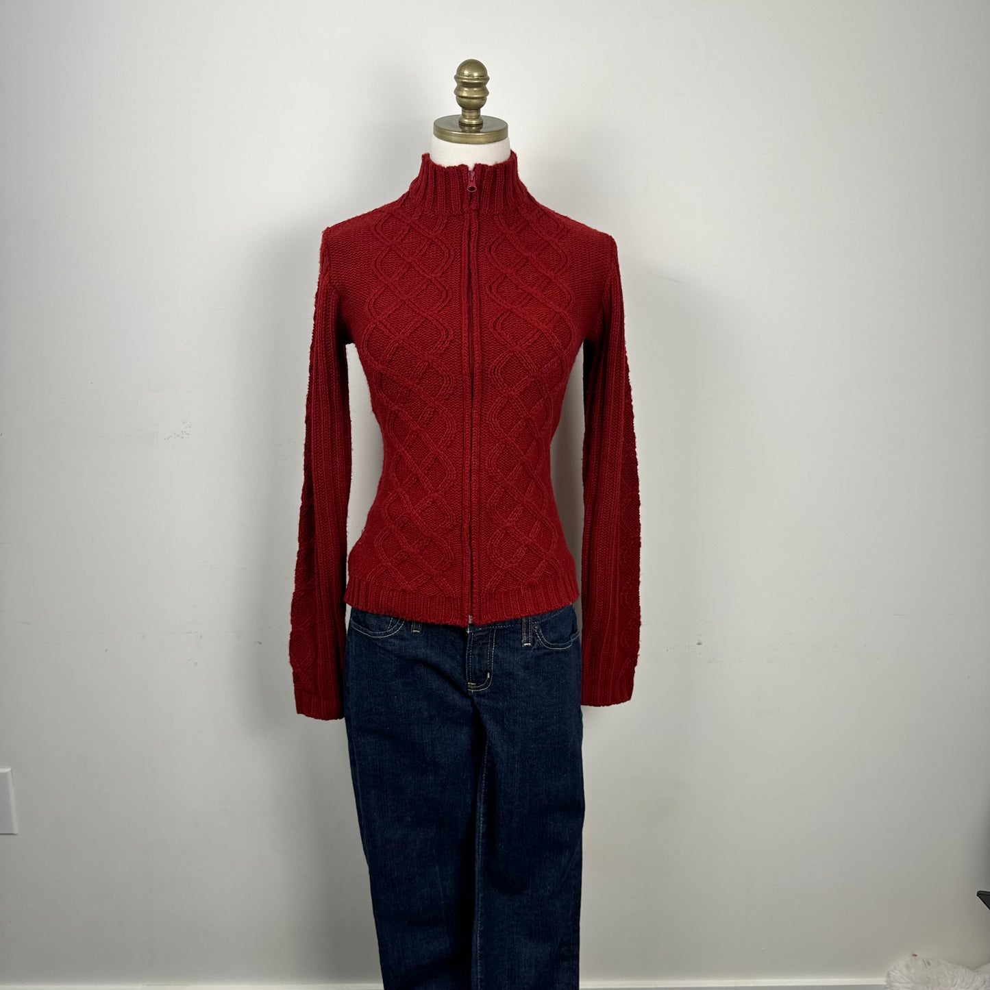 Red Cable Knit Zip Up Sweater