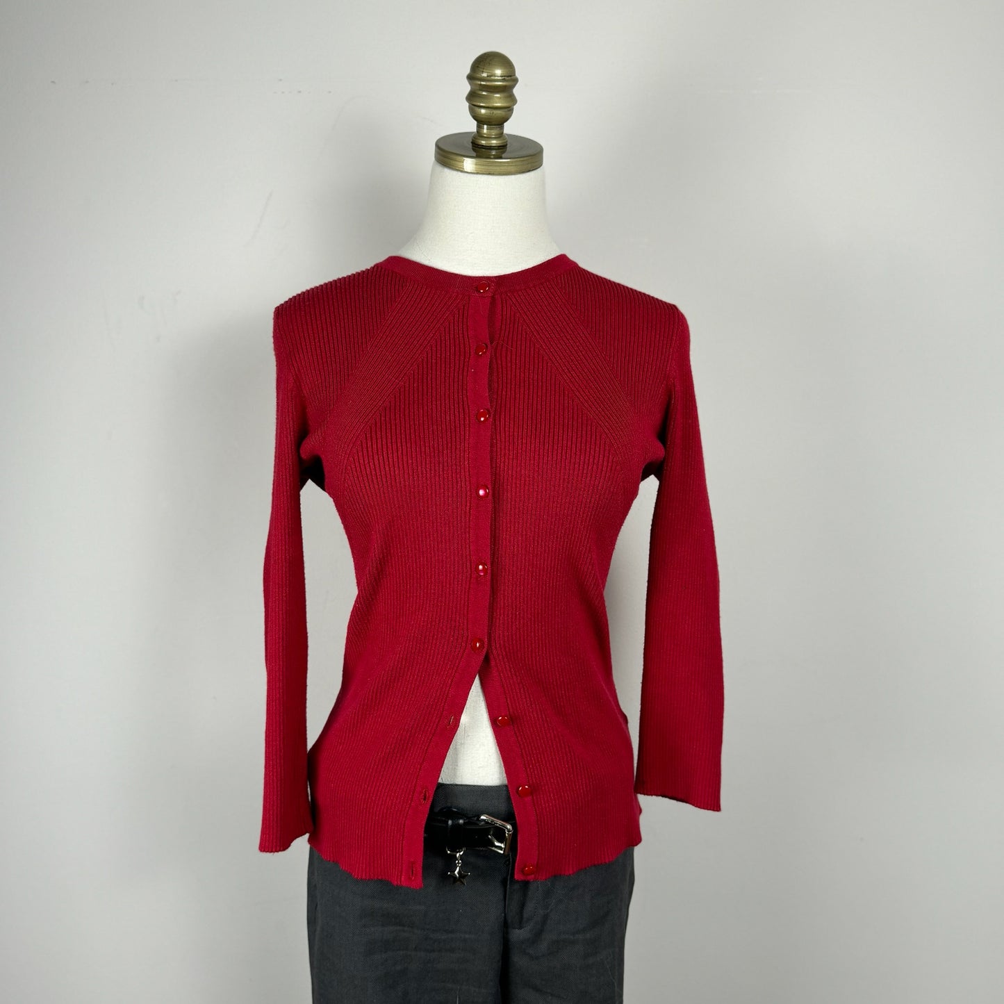 Red Ribbed Knit Fitted Cardigan