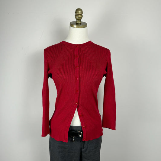 Red Ribbed Knit Fitted Cardigan
