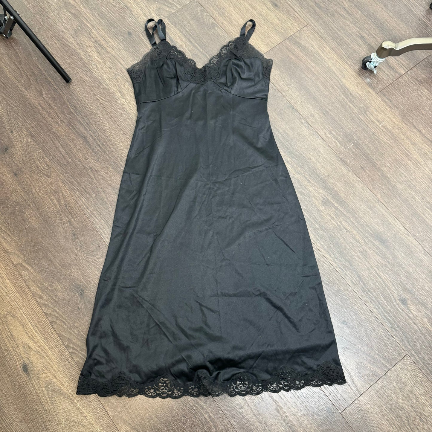 French Maid Vintage Black Nylon Lace Trim Slip Dress