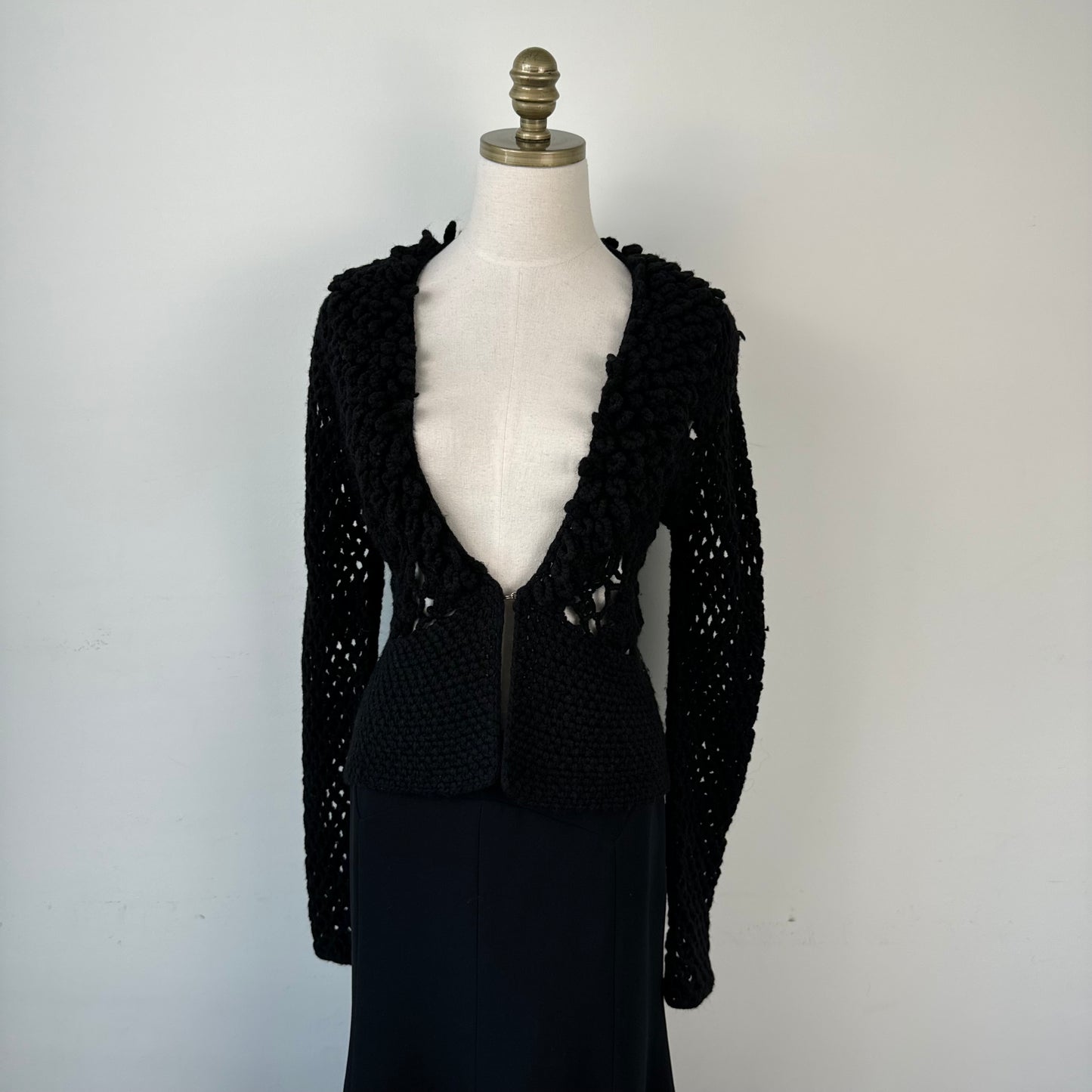 Black Open Front Mesh Crochet Sweater