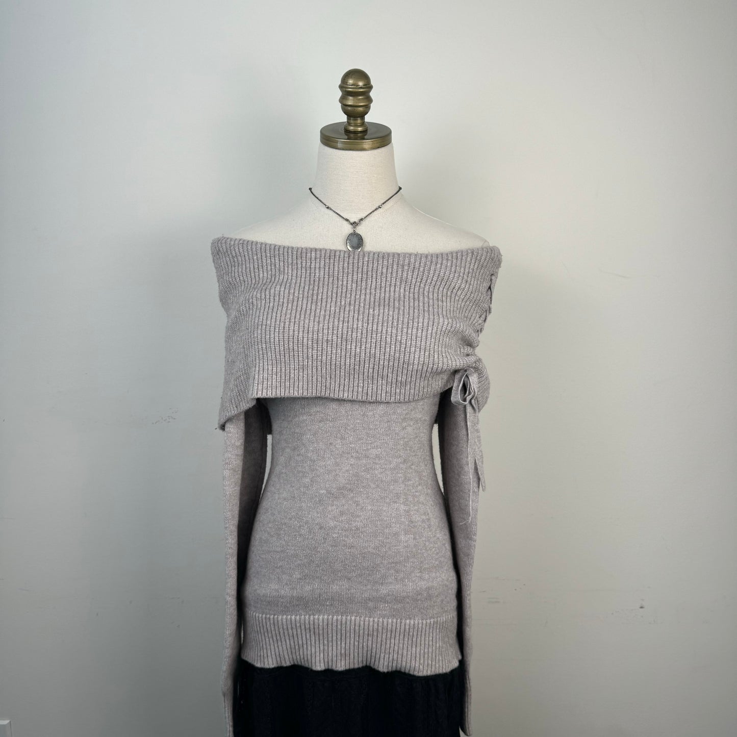 Off Shoulder Lace Up Knit Sweater