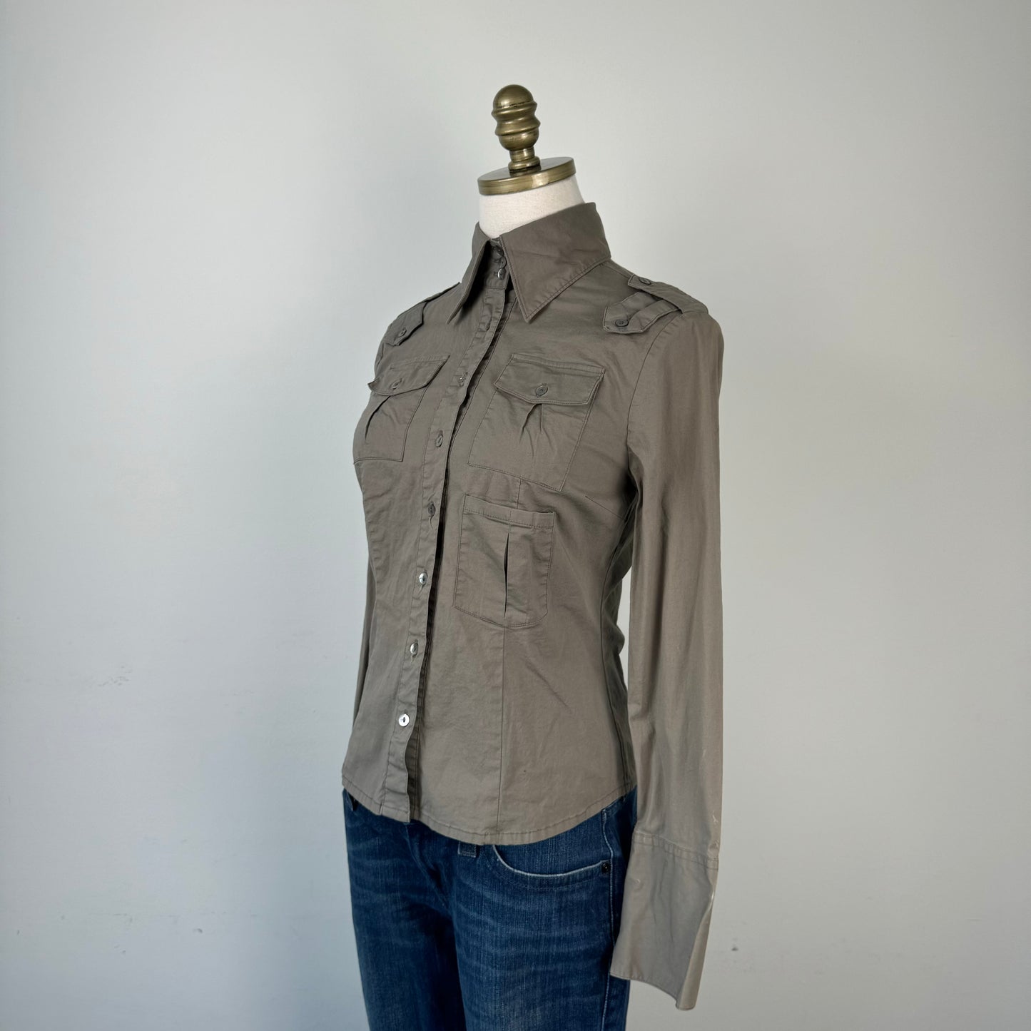 Khaki/Olive Green Fitted Utility Button Up Shirt
