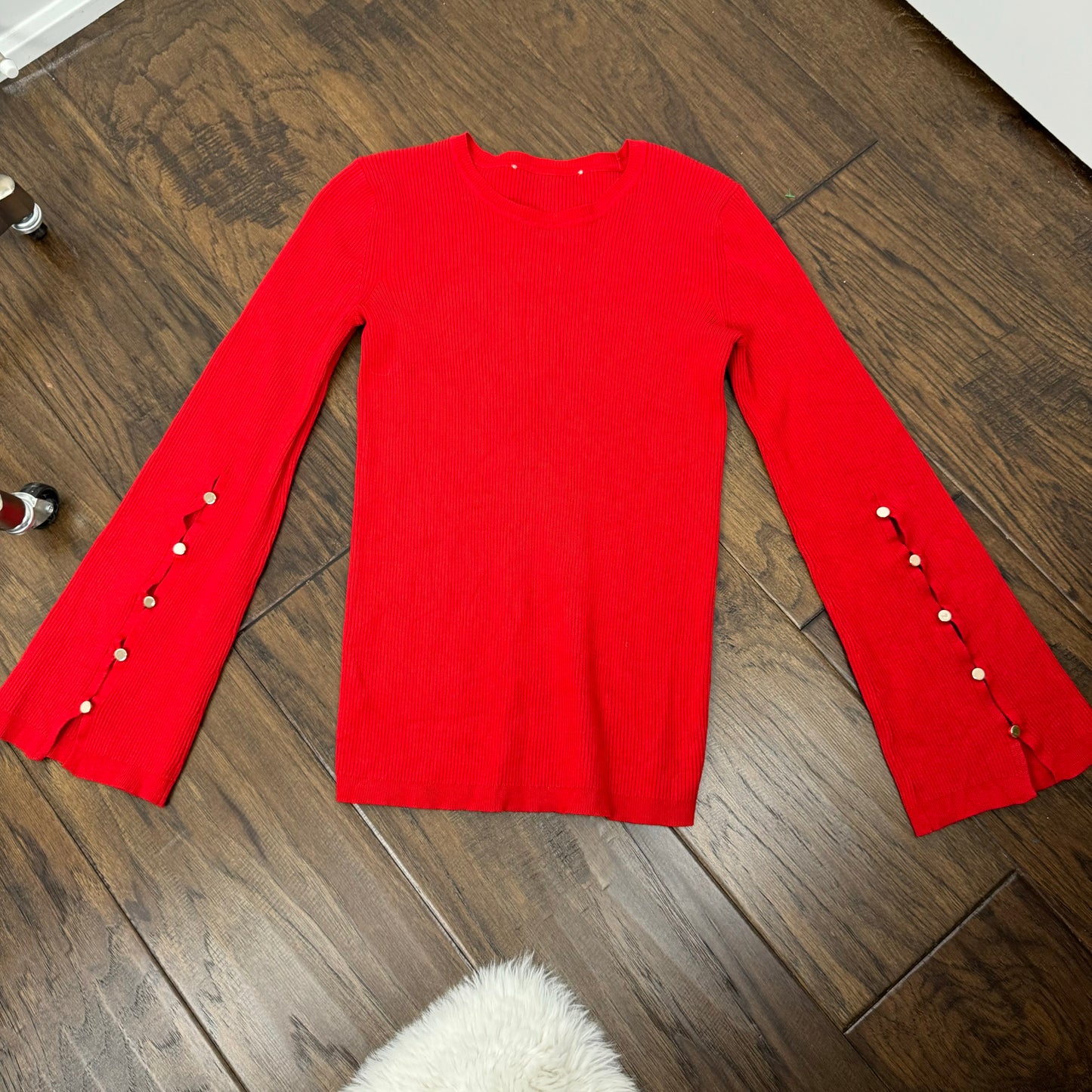 Red Fitted Ribbed Sweater with Bell Sleeves