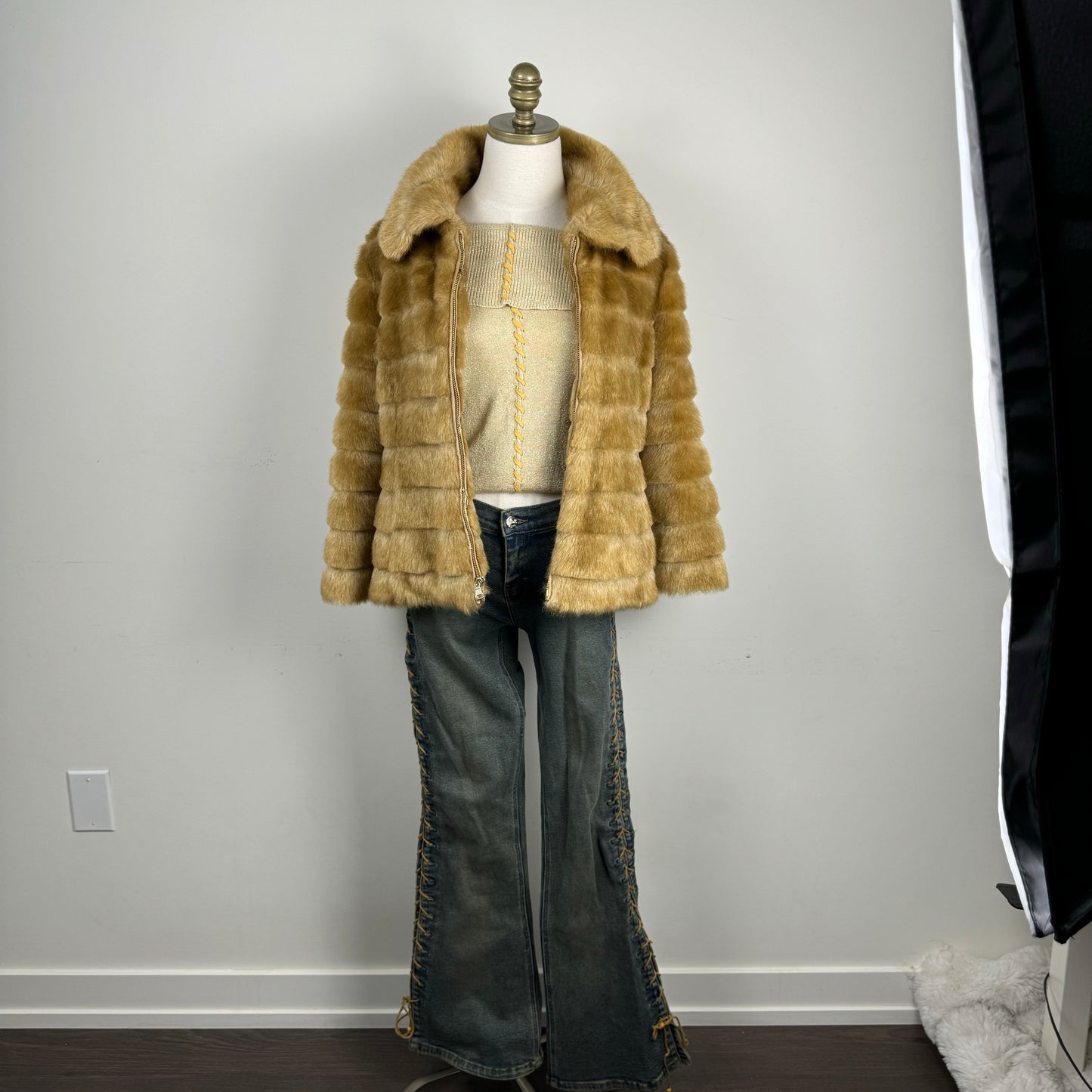 Gold-Beige Off Shoulder Lace Up Sweater