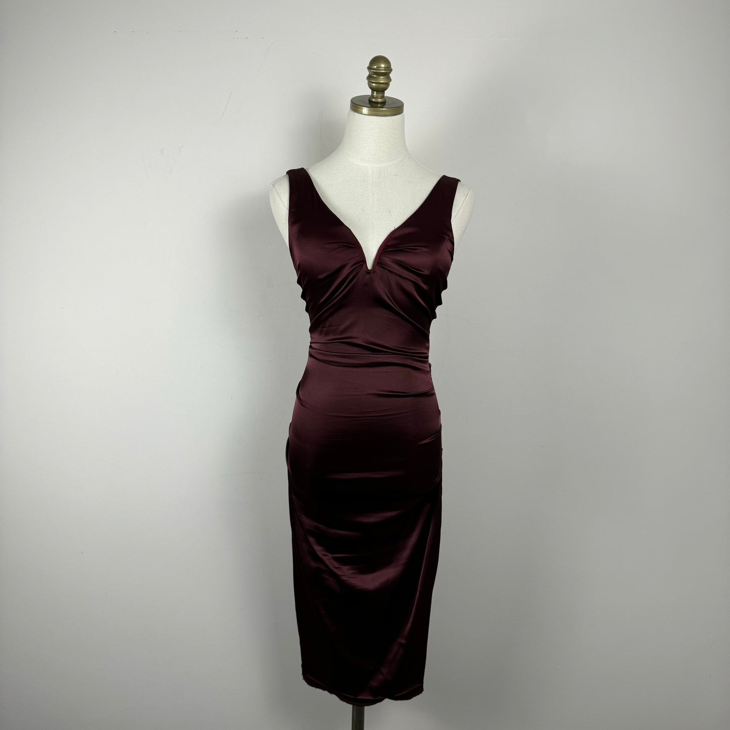 Vintage Burgundy Silky Fitted Midi Dress