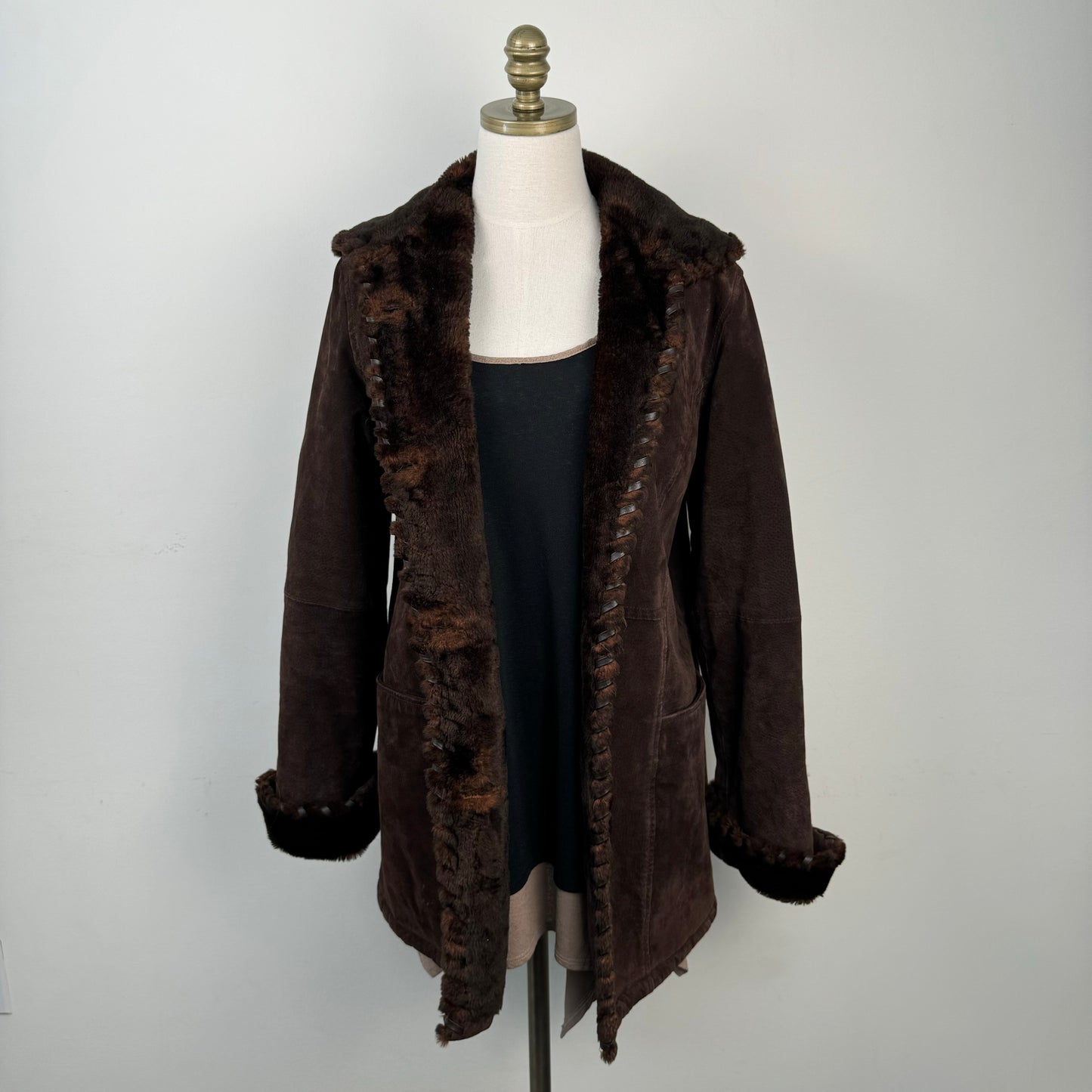 Vintage Brown Genuine Suede Leather Fur Trim Coat