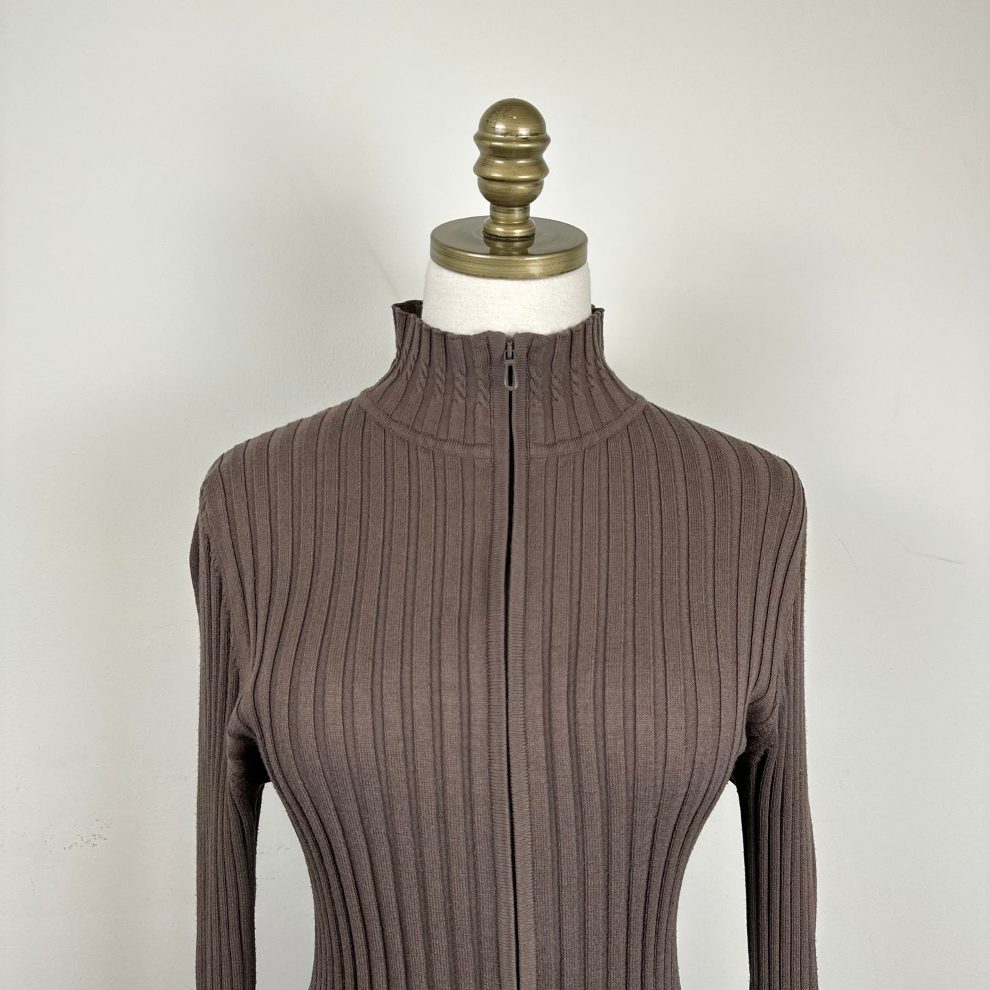 Mocha Brown Fitted Zip Up Sweater