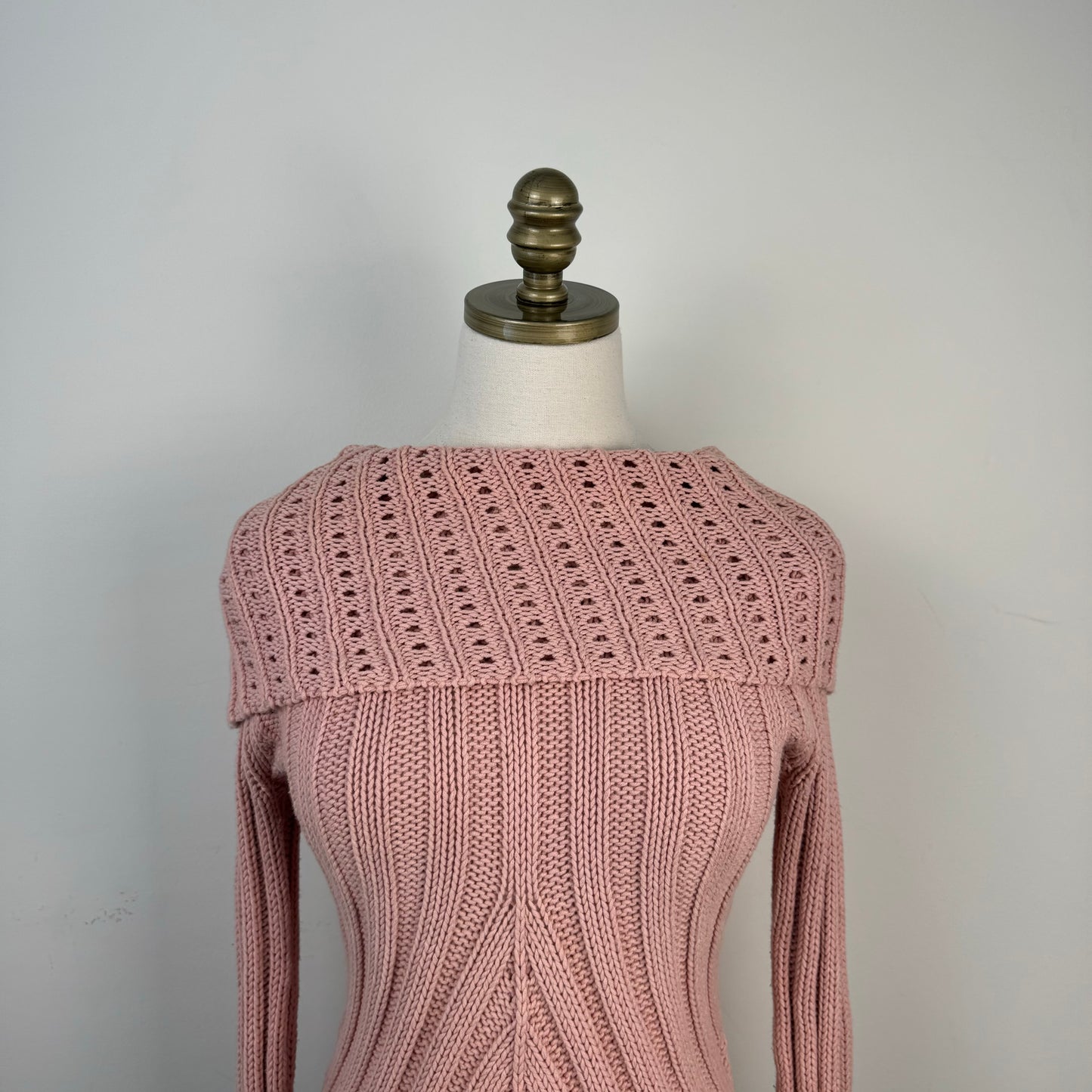Powder Pink Fold Over Bell Sleeve Knit Sweater