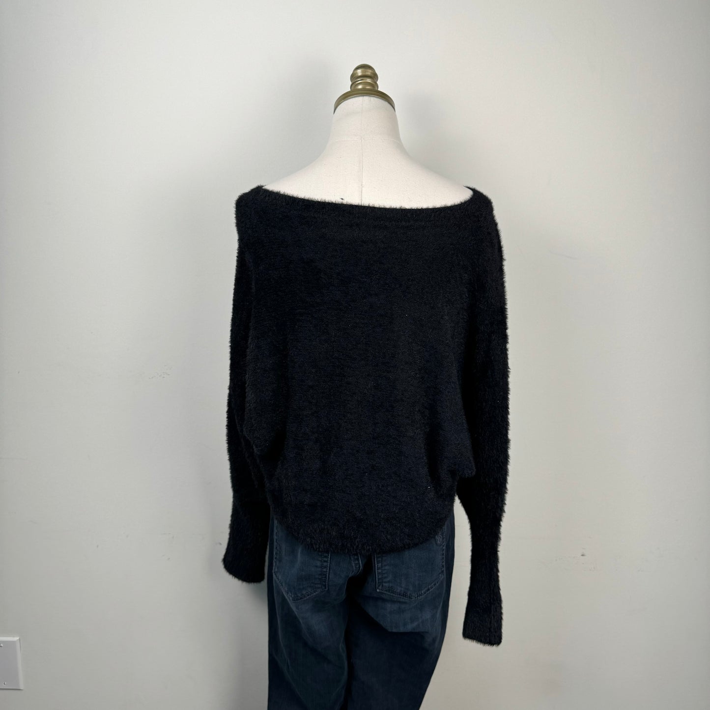 Black Off Shoulder Dolman Fuzzy Sweater