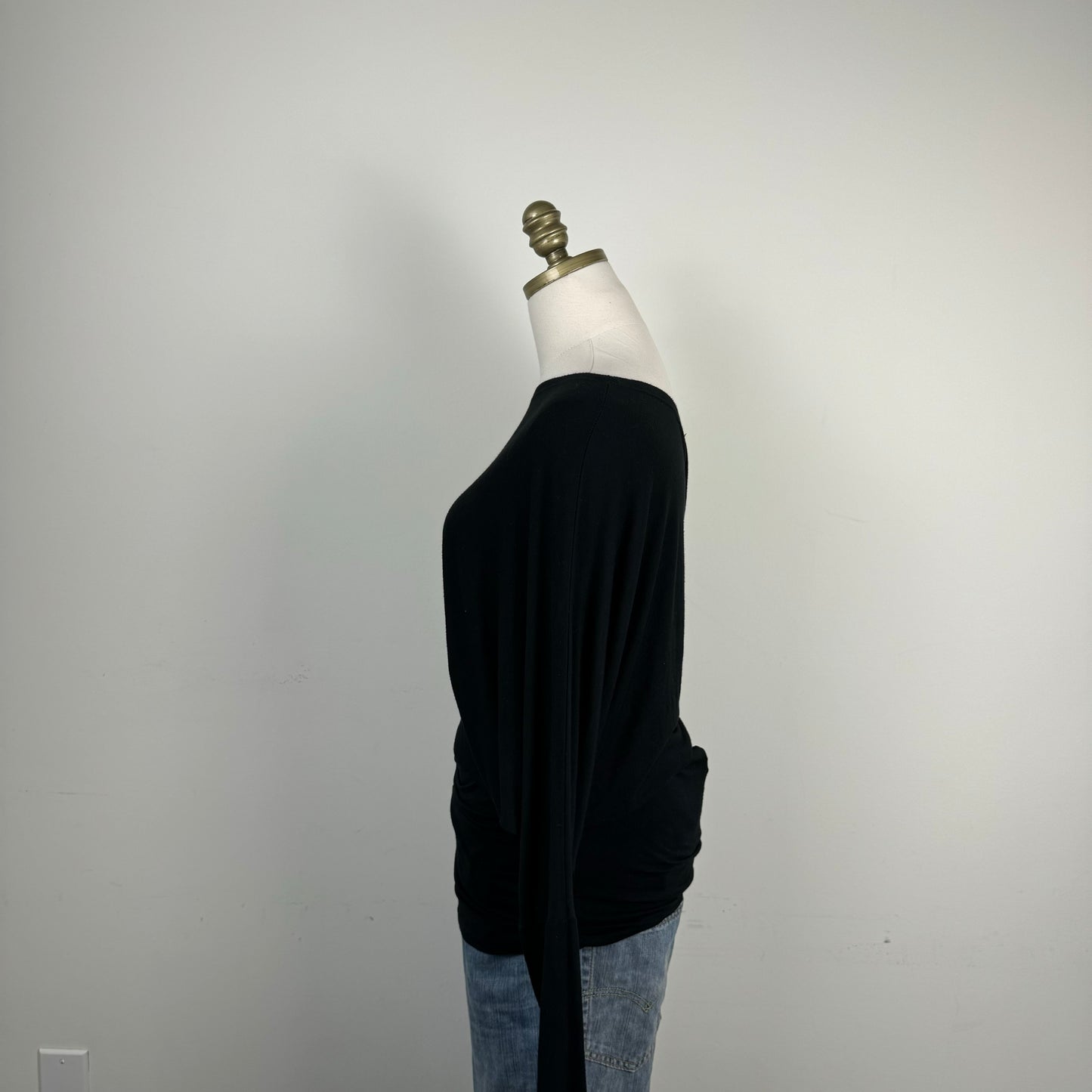 Black Asymmetric Draped Off Shoulder Long Sleeve Top