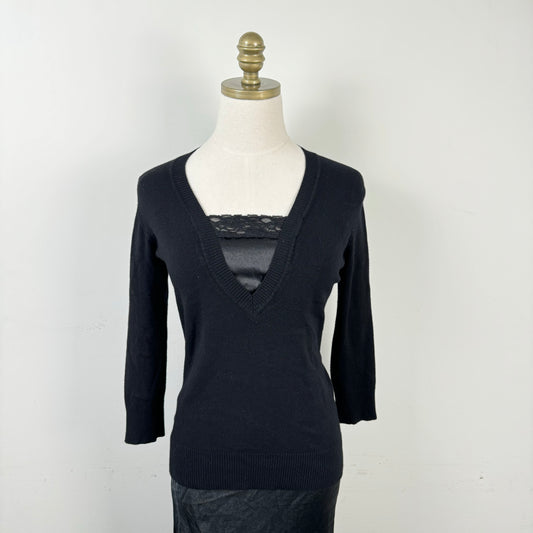 Black Knit Silky Lace Trim Top