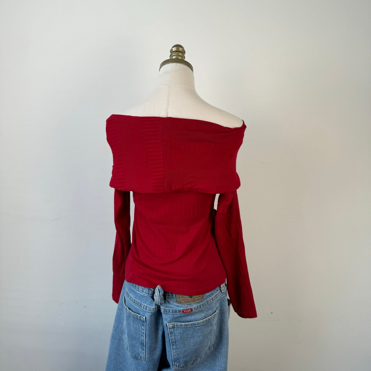 Red Off Shoulder Buckled Sweater
