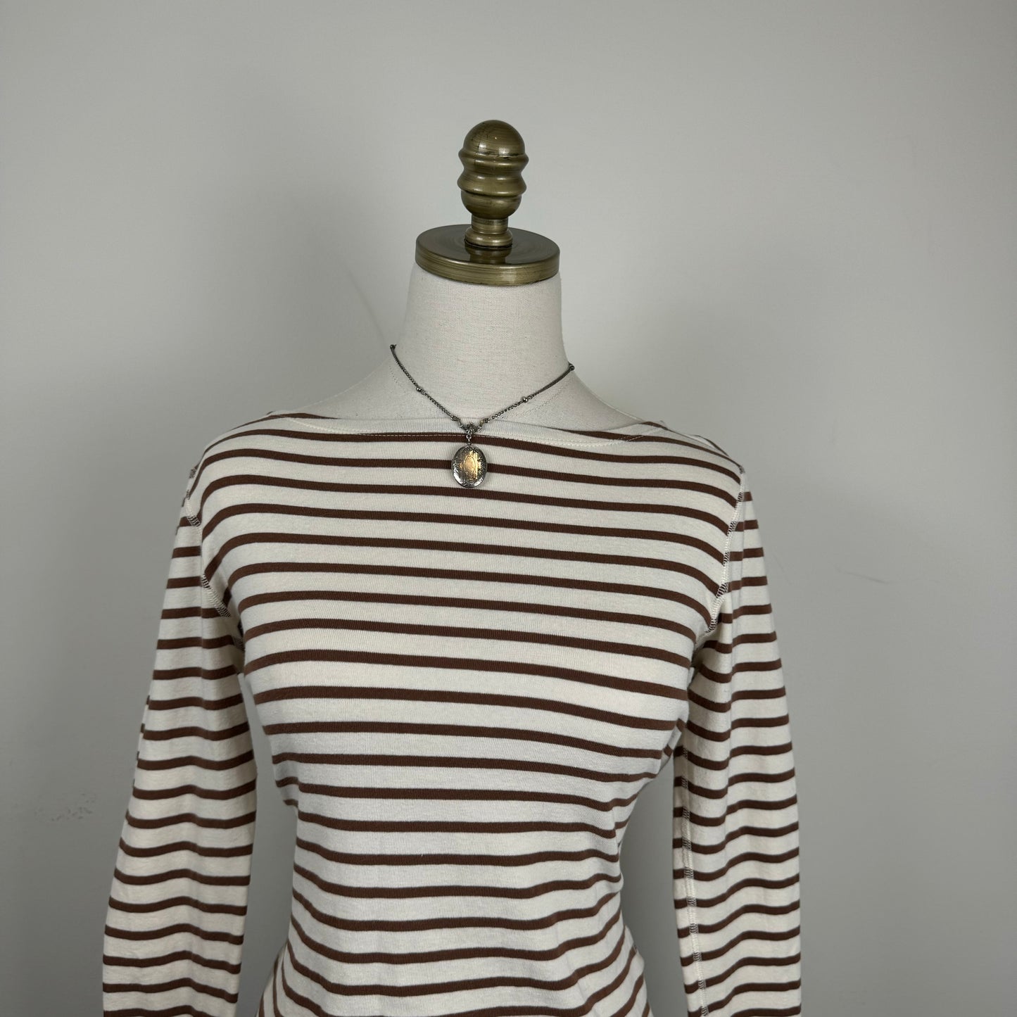 Cream Striped Boat Neck Long Sleeve Top