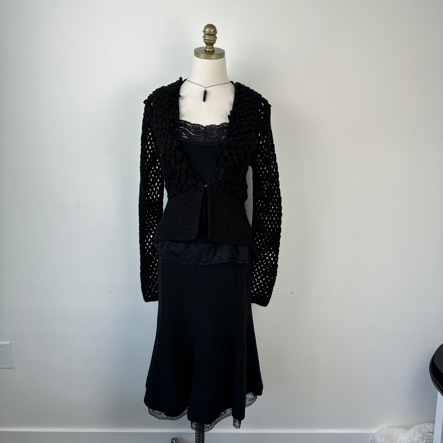 Black Open Front Mesh Crochet Sweater