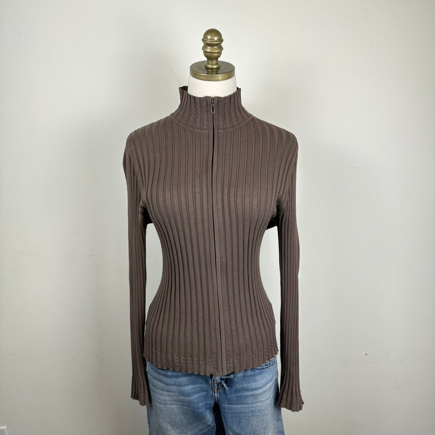 Mocha Brown Fitted Zip Up Sweater