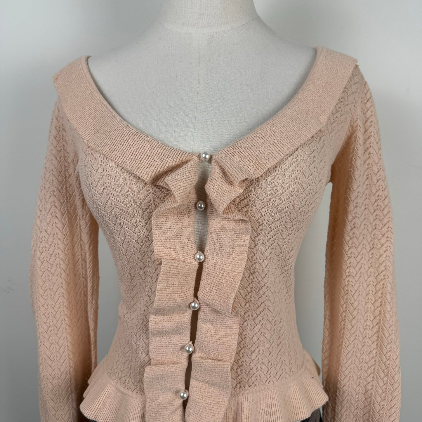 Pink Ruffled Open Knit Long Sleeve Top