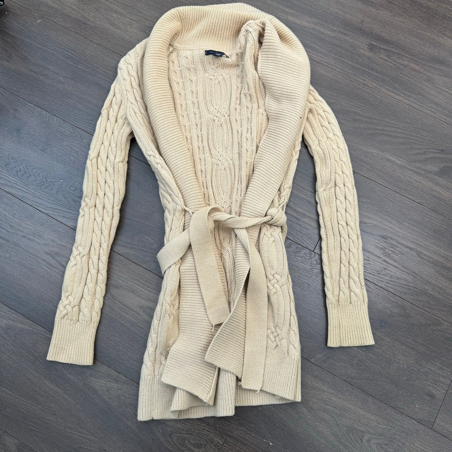 Tommy Cable Knit Tie Waist Maxi Cardigan