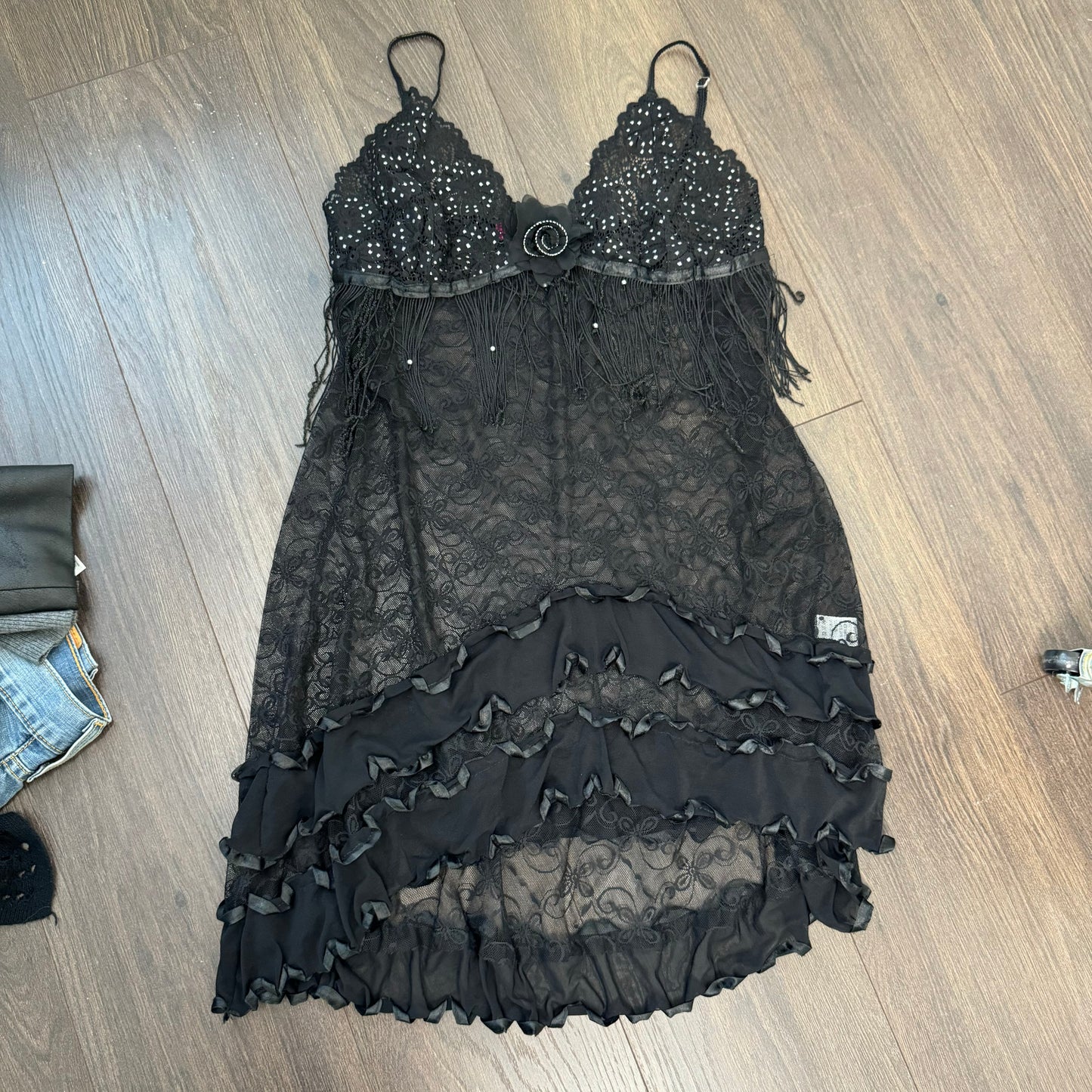 Black Lace Mesh Babydoll Slip Dress
