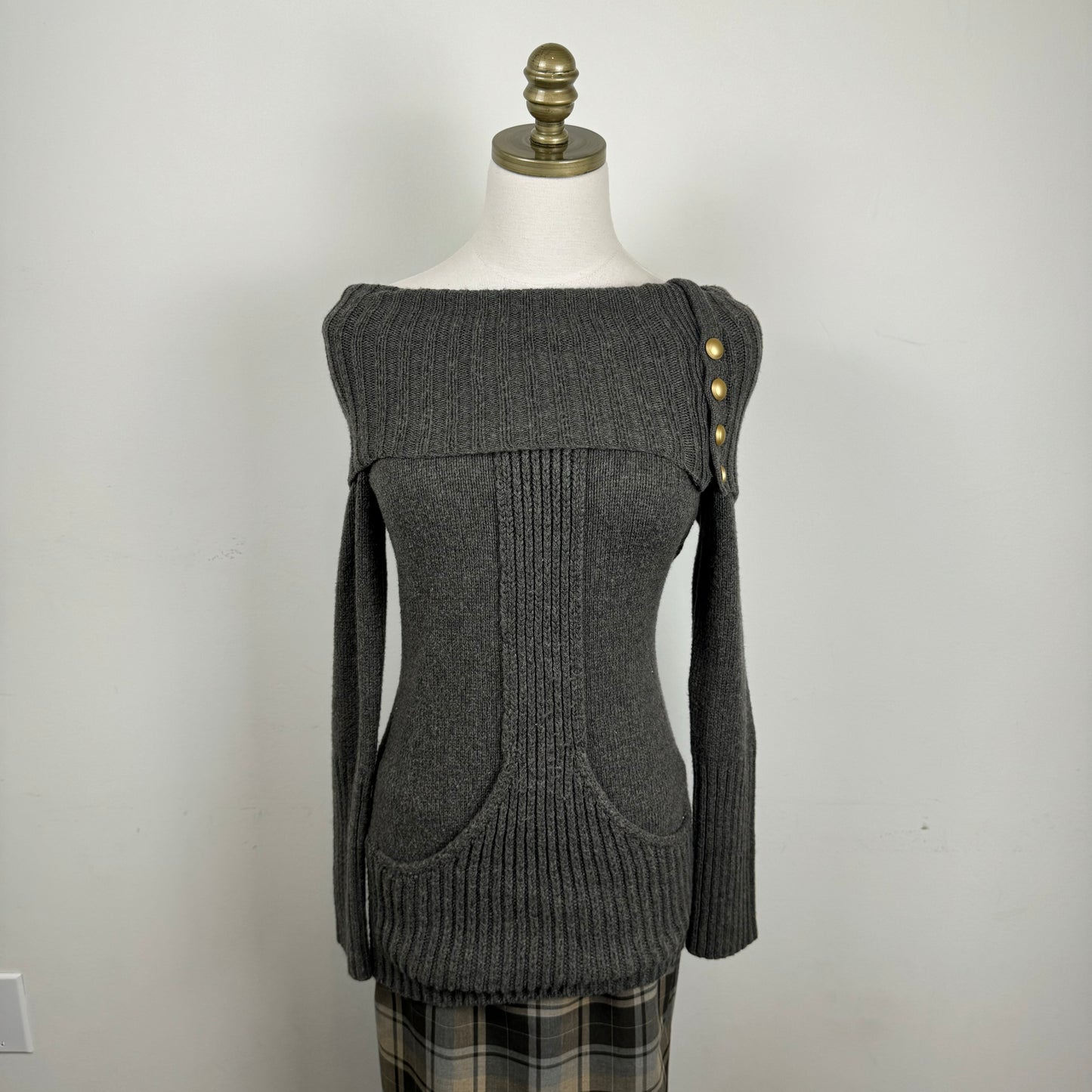 Grey Off Shoulder Gold Button Sweater