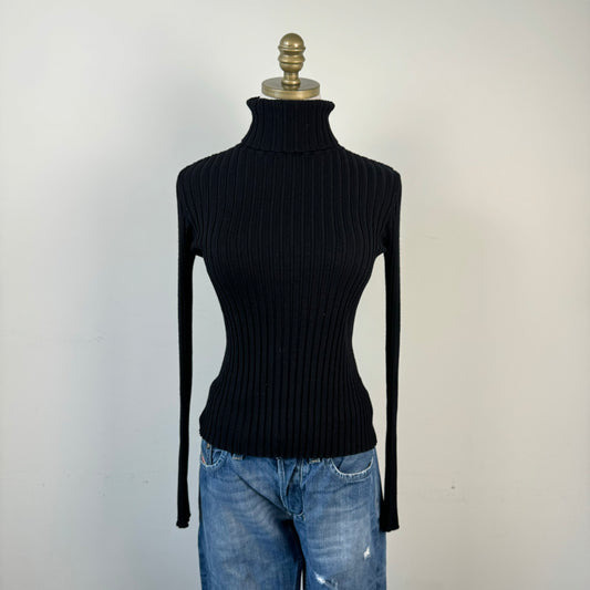 Black Ribbed Knit Fitted Turtleneck Sweater