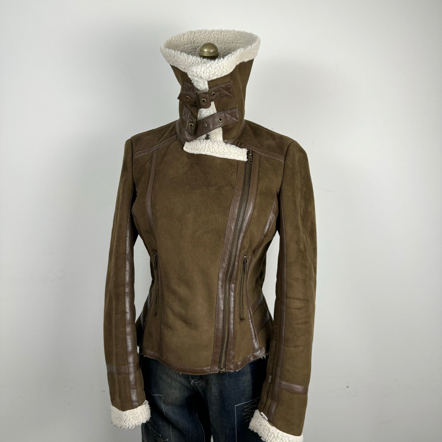 Brown Shearling Suede Moto Jacket