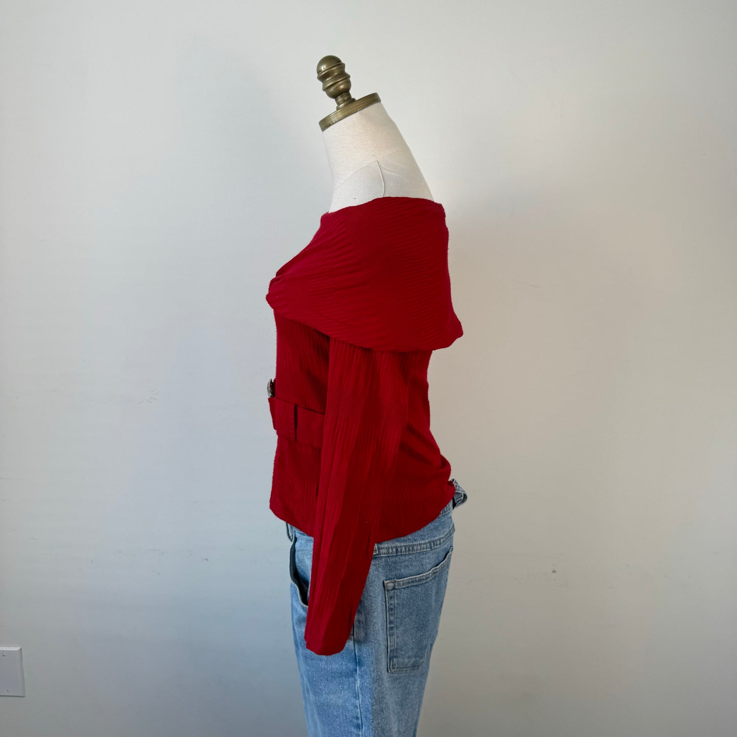 Red Off Shoulder Buckled Sweater