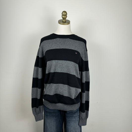 Tommy Black and Grey Striped Crewneck Sweater
