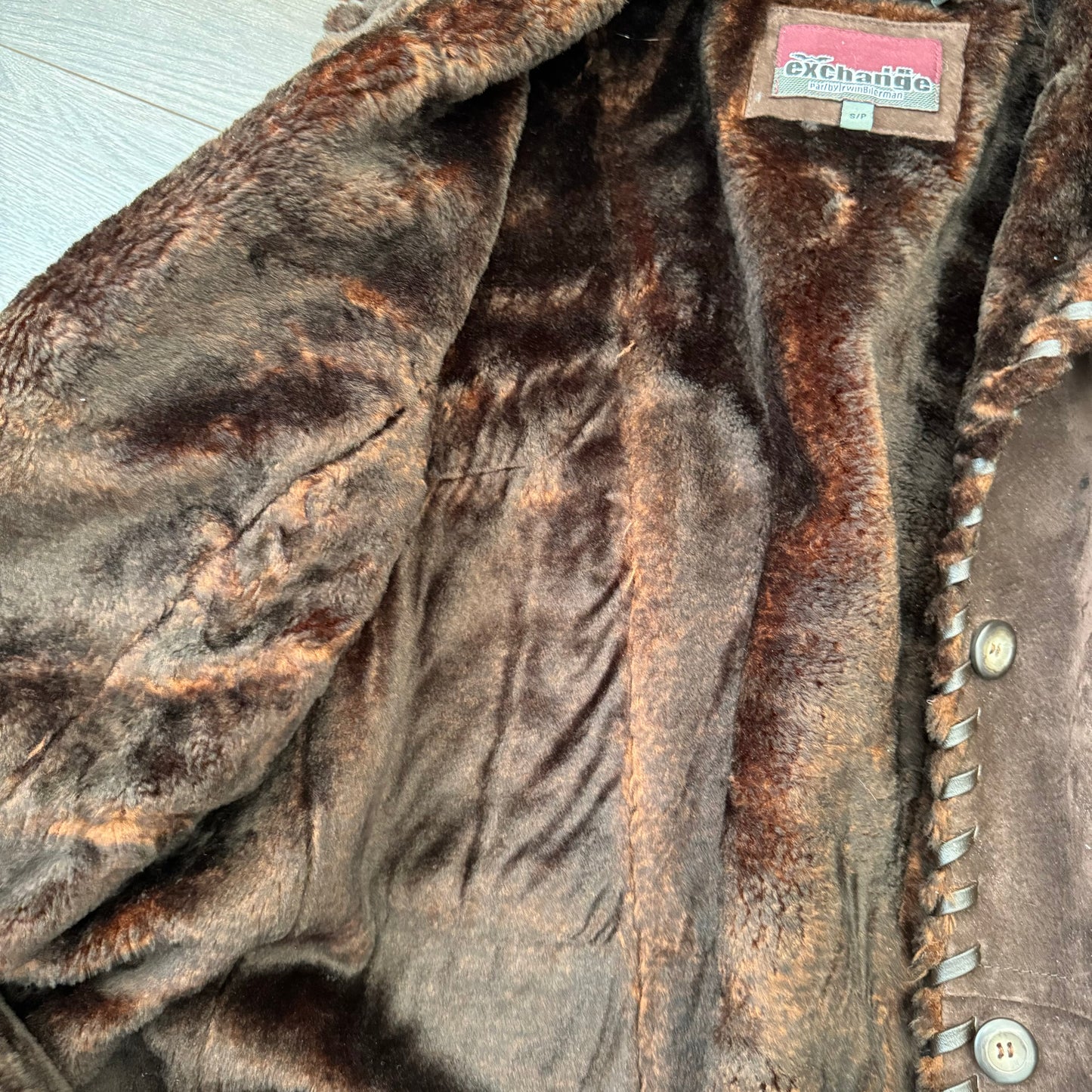 Vintage Brown Genuine Suede Leather Fur Trim Coat