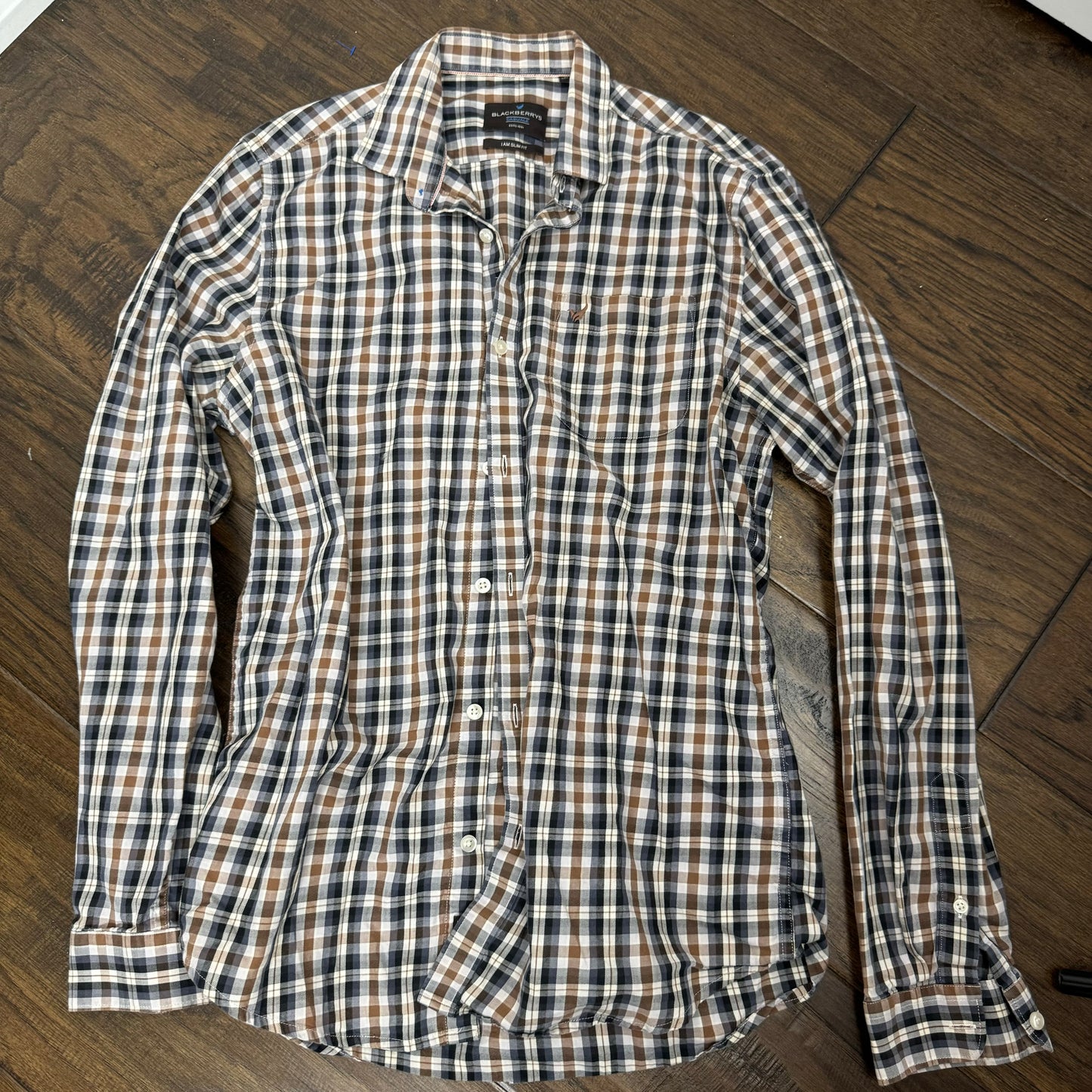 Brown and Navy Plaid Button Up Shirt