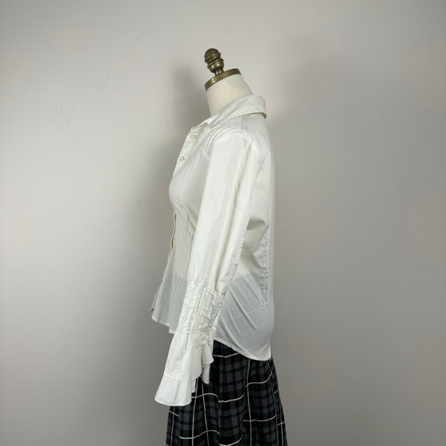 White Fitted Pleated Button Up Shirt