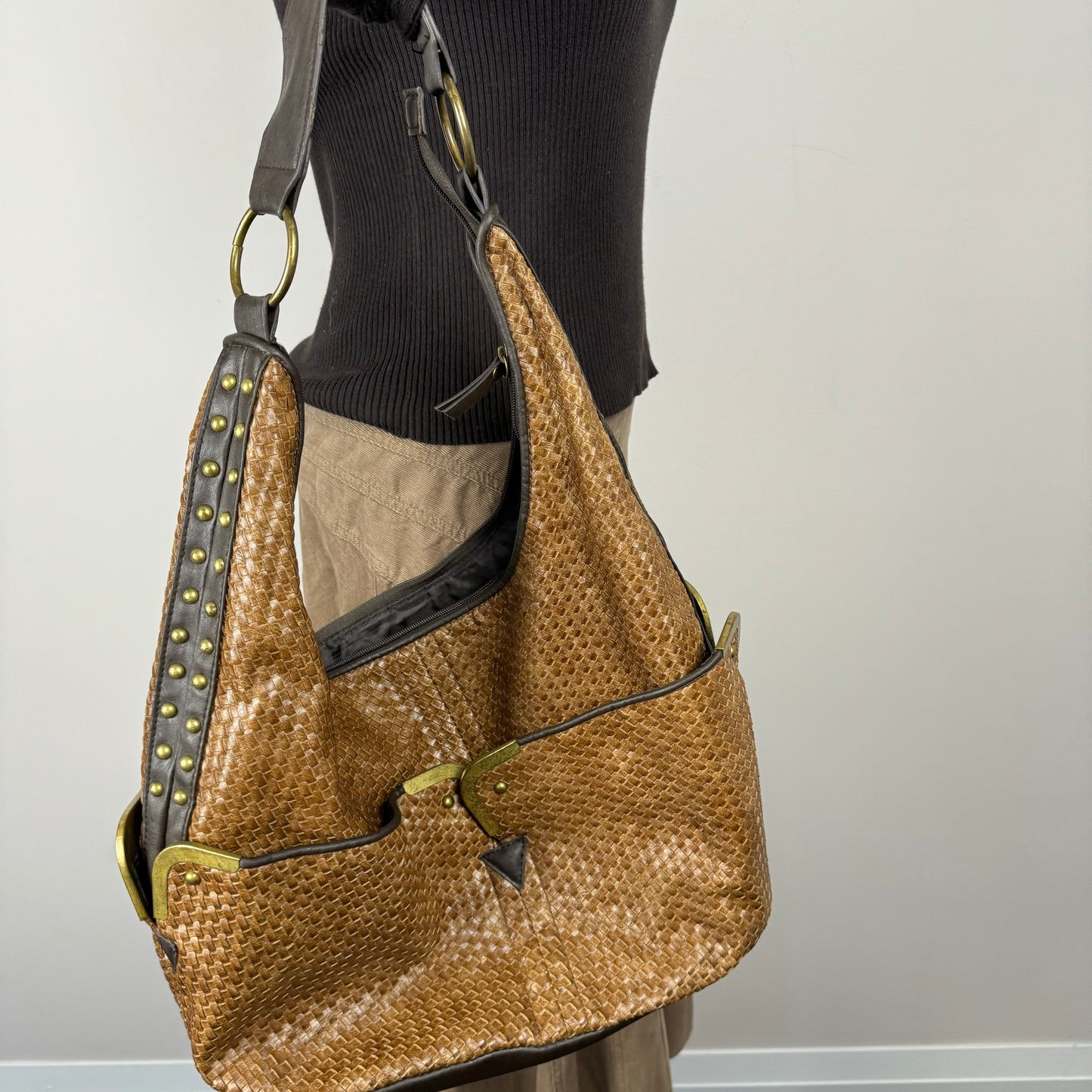 Tan Woven Leather Hobo Shoulder Bag