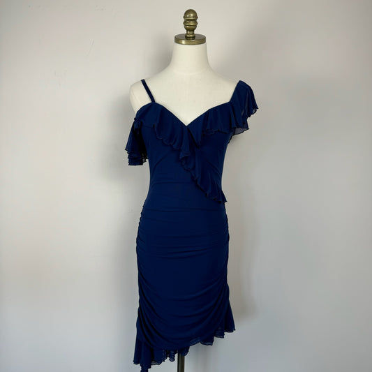 Bebe Navy Mesh Ruffled Midi Dress