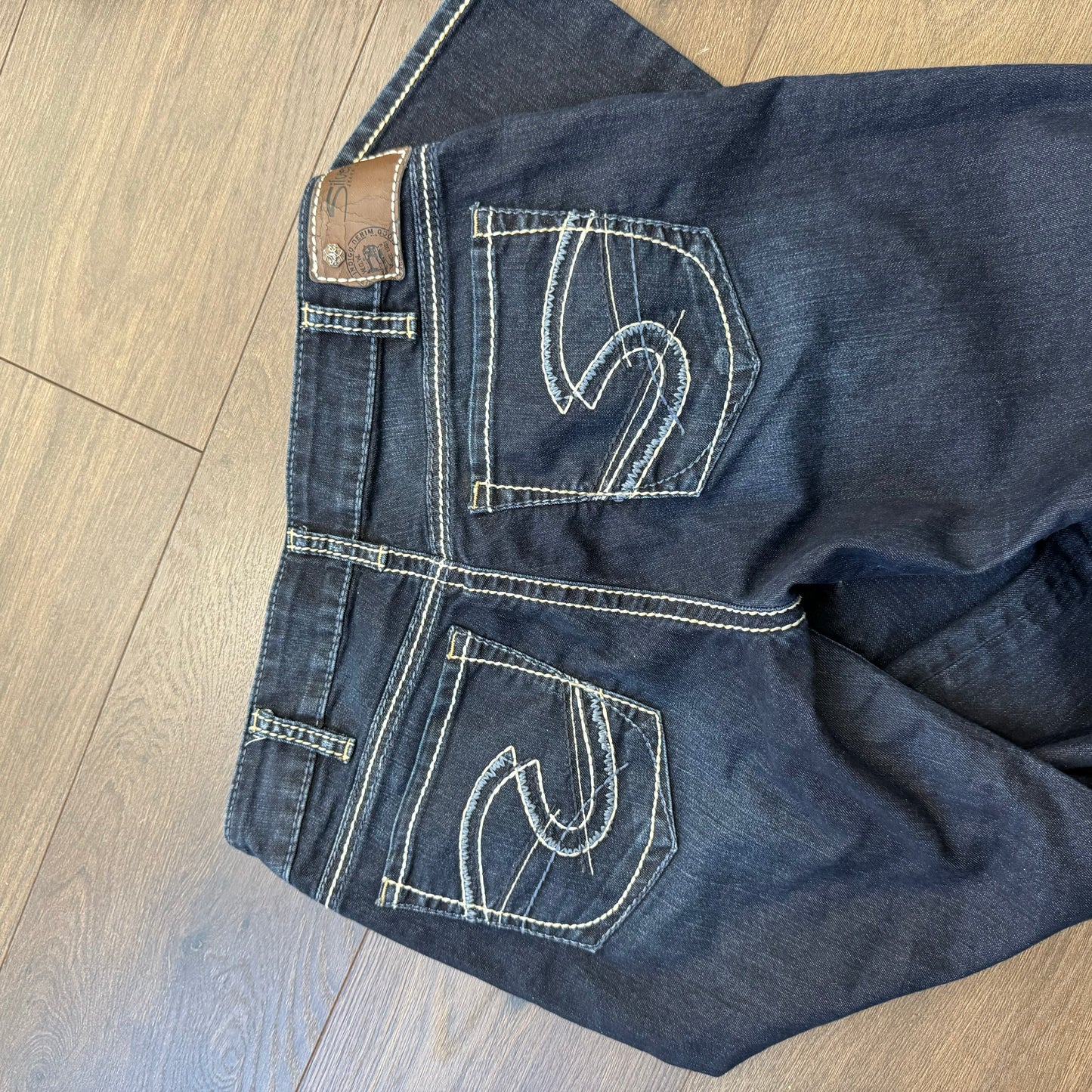 Silver Low Rise Dark Wash Straight Cut Jeans