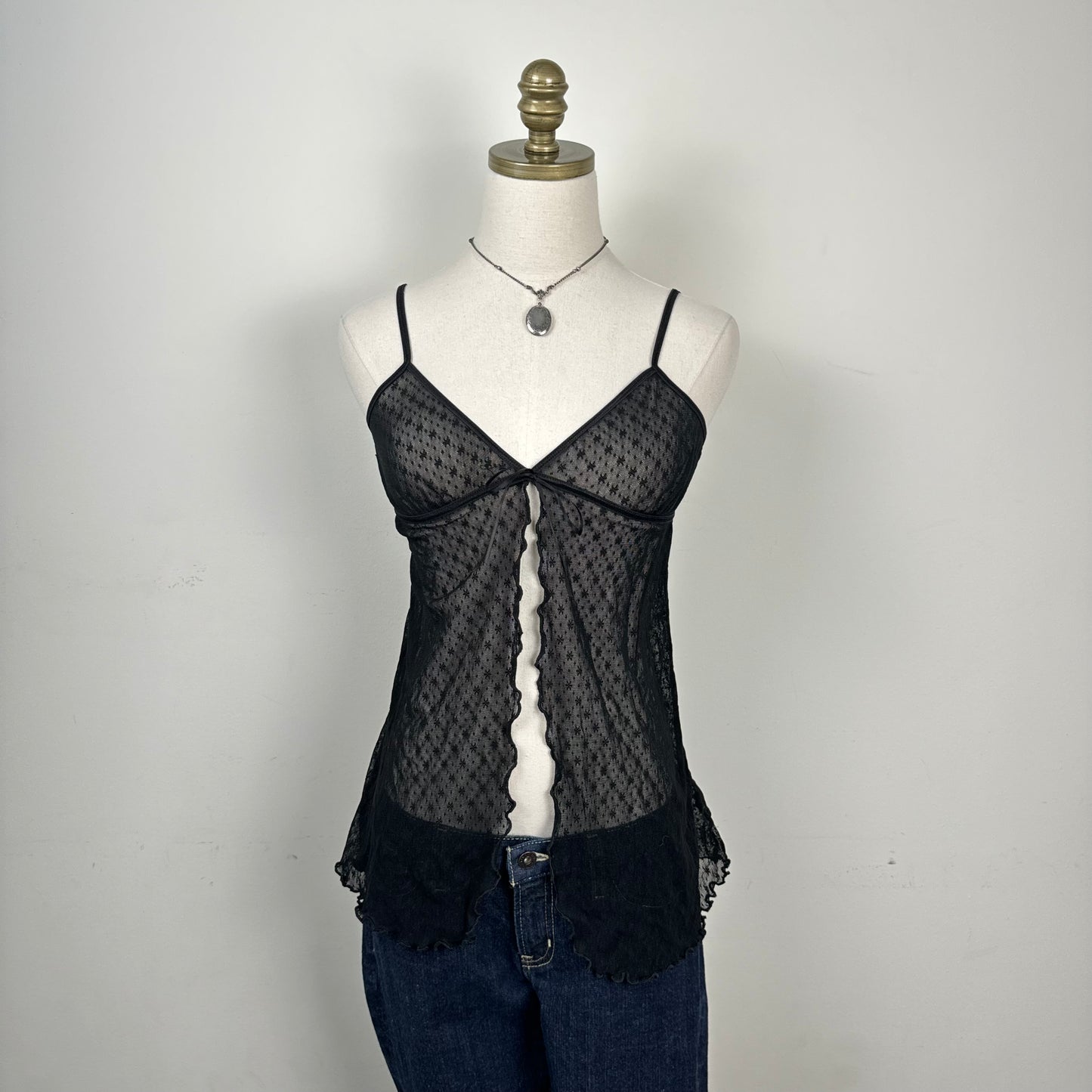 Black Mesh Lace Tie Front Cami
