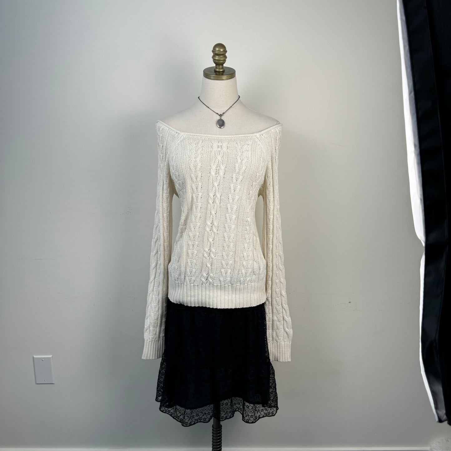 Cream Boat Neck Cable Knit Sweater